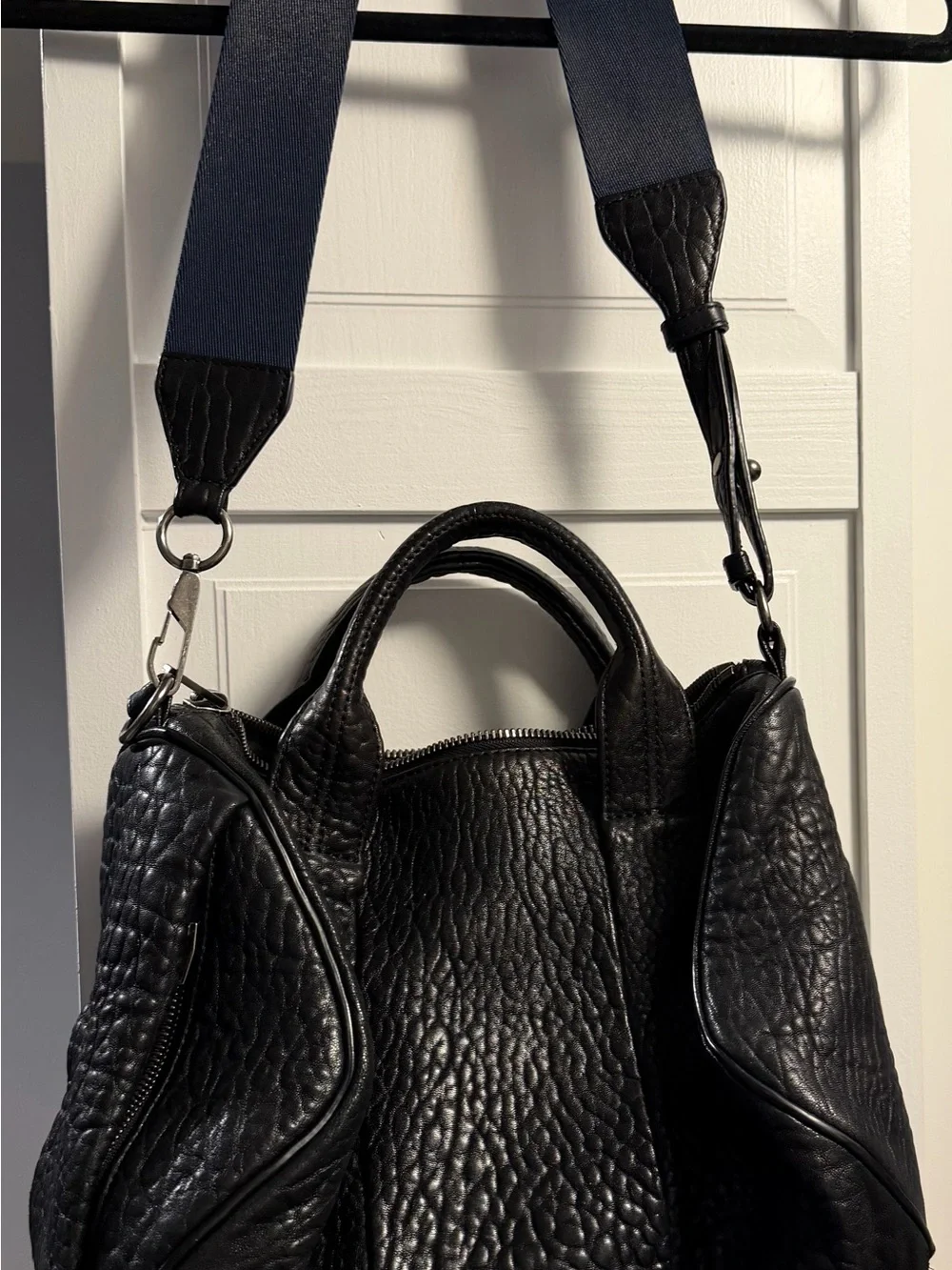 Alexander Wang Black Pebbled Leather Duffel Bag with Navy Strap